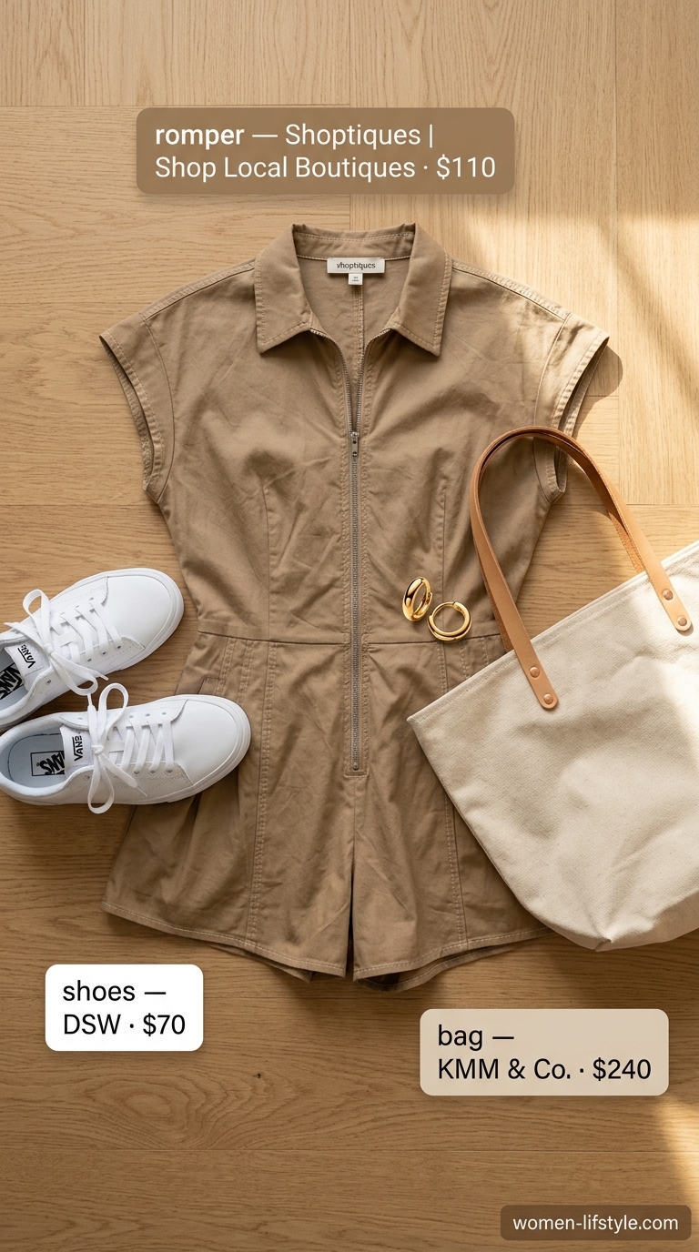 Loose fit hot weather summer outfits for women 2026: Taupe utility romper, white sneakers, gold hoops & canvas tote for day out.