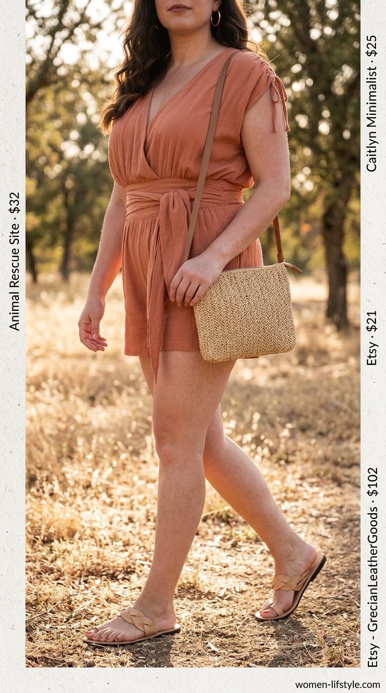 Loose fit hot weather summer outfits for women 2026: Terracotta linen romper, tan flat sandals, gold hoops & straw bag.