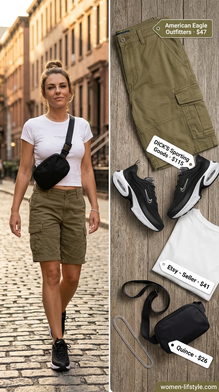Loose fit hot weather summer outfits for women 2026: Olive cargo shorts, graphic tee, chunky sneakers. Casual & edgy.