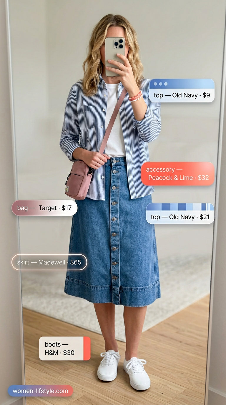 Loose fit modest summer outfits for women 2026: Denim midi skirt, white tee, white sneakers, coral crossbody bag.