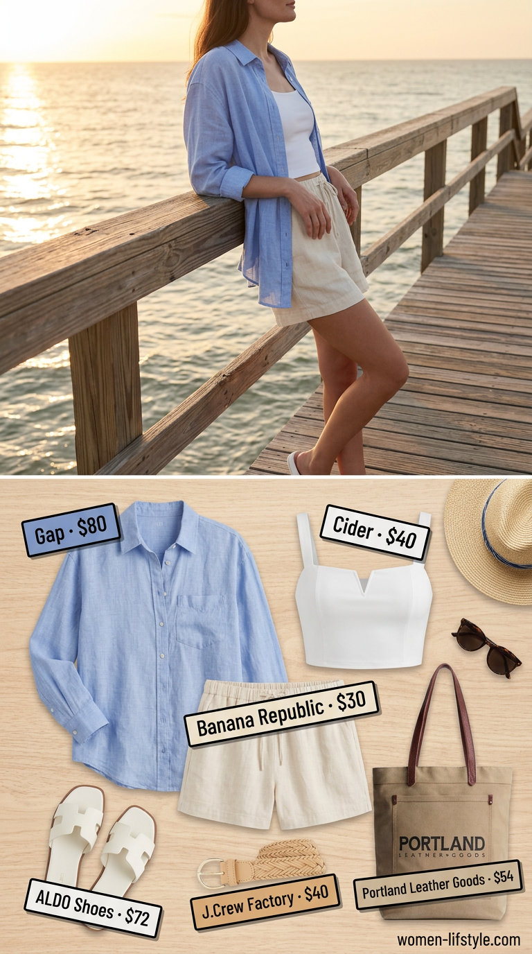 Loose fit modest summer outfits for women 2026: Light blue oversized shirt, beige linen shorts, canvas tote, leather slides.