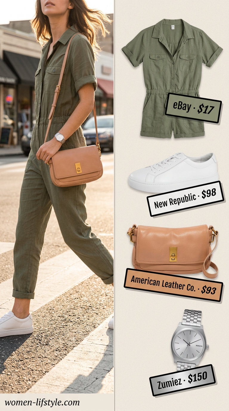 Loose fit modest summer outfits for women 2026: Olive green utility jumpsuit, white sneakers, tan crossbody bag, silver watch.