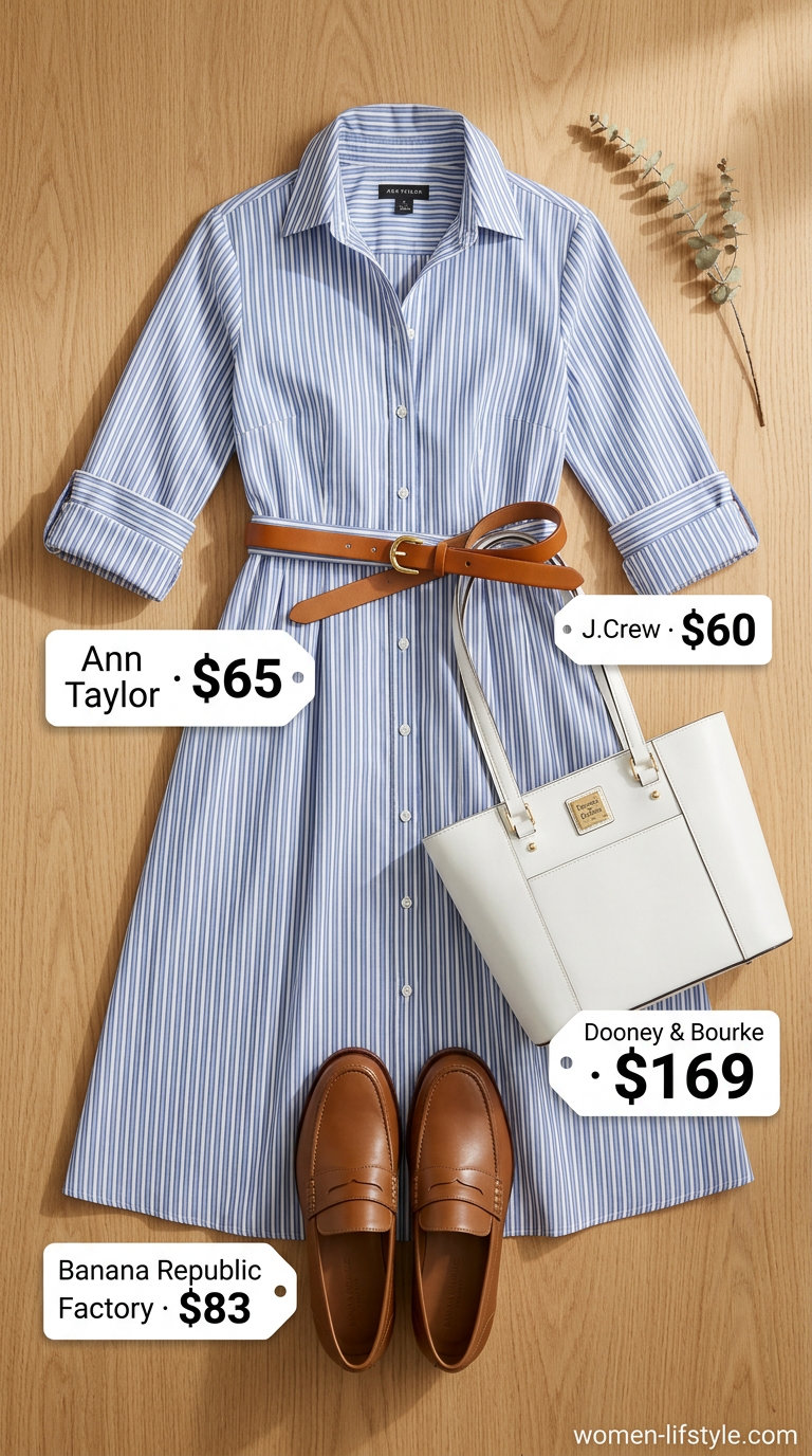 Loose fit modest summer outfits for women 2026: Light blue stripe shirt dress, tan loafers, tan belt, structured tote.