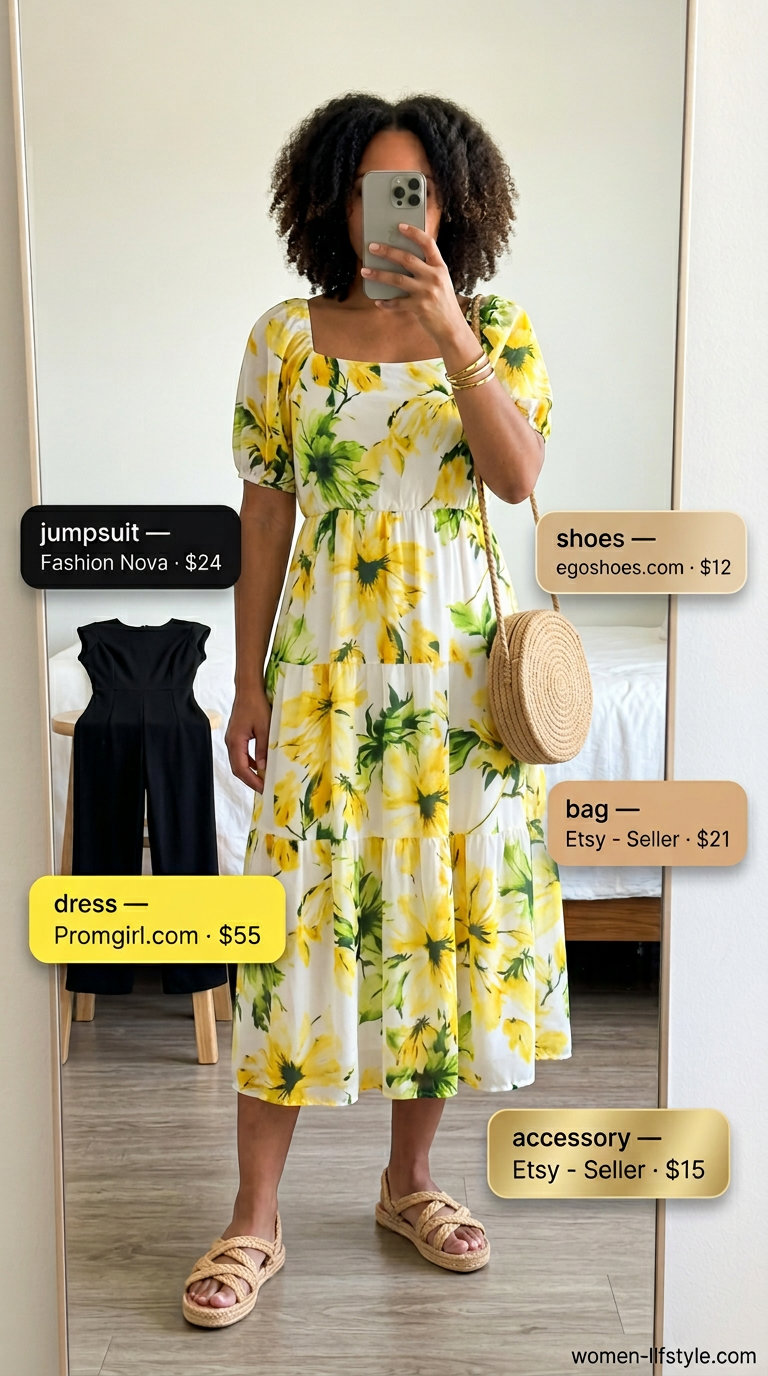 Loose fit modest summer outfits for women 2026: Yellow floral sundress, straw crossbody bag, flat sandals, gold bangles.