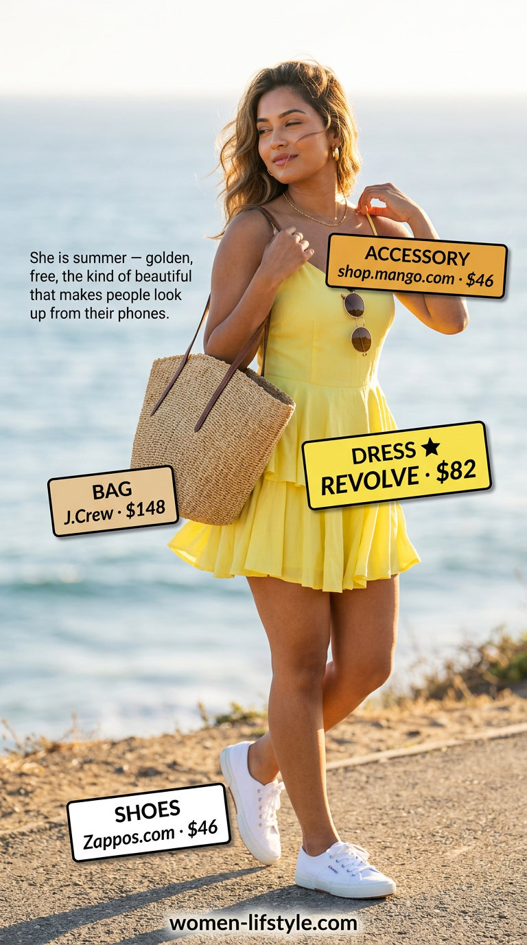 Loose fit modest summer outfits for women 2026: Lemon yellow tiered sundress, white sneakers, straw tote, gold sunglasses.
