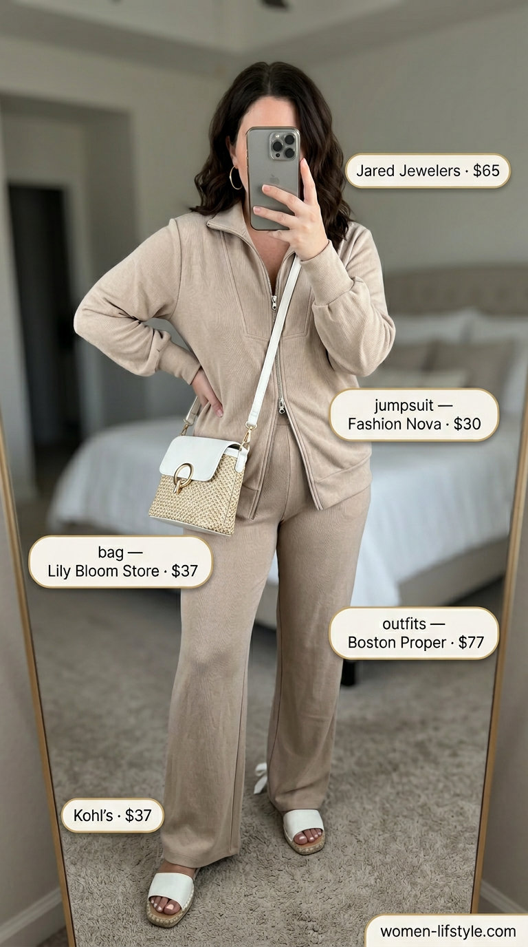 Loose fit modest summer outfits for women 2026: Beige linen jumpsuit, espadrilles, and crossbody bag for relaxed chic.
