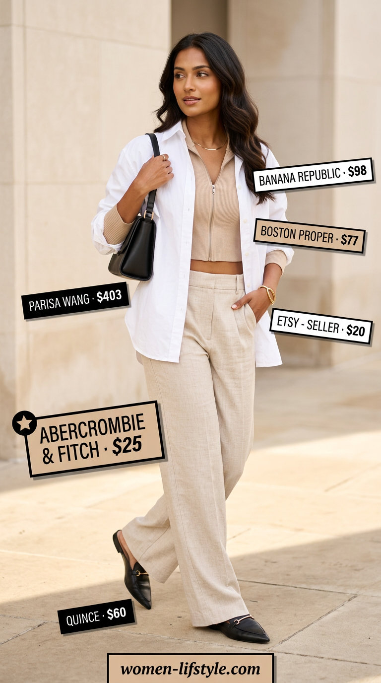 Loose fit modest summer outfits for women 2026: Beige linen trousers, white poplin shirt, black mules, and structured bag for smart casual.