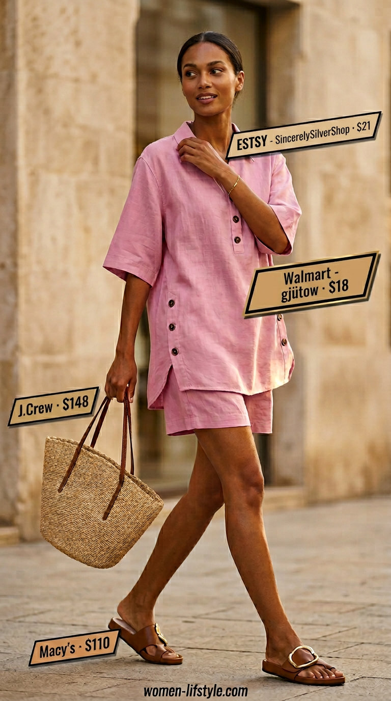 Loose fit modest summer outfits for women 2026: Blush pink linen set, slide sandals, and woven tote for comfortable outings.