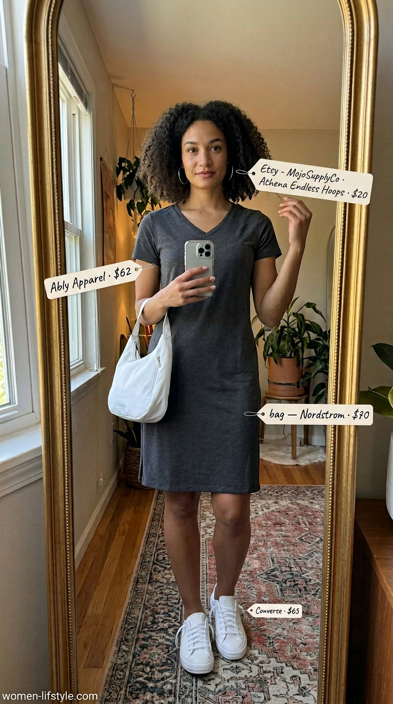 Loose fit modest summer outfits for women 2026: Charcoal grey knit midi dress with white sneakers, silver earrings, and crossbody bag.