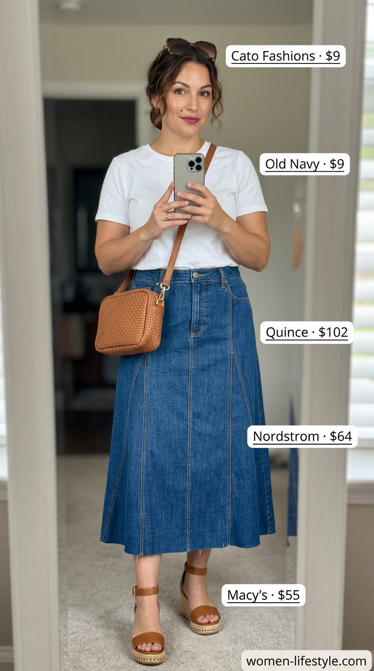 Loose fit modest summer outfits for women 2026: Denim midi skirt, white tee, tan espadrilles, and woven bag for a casual day out.