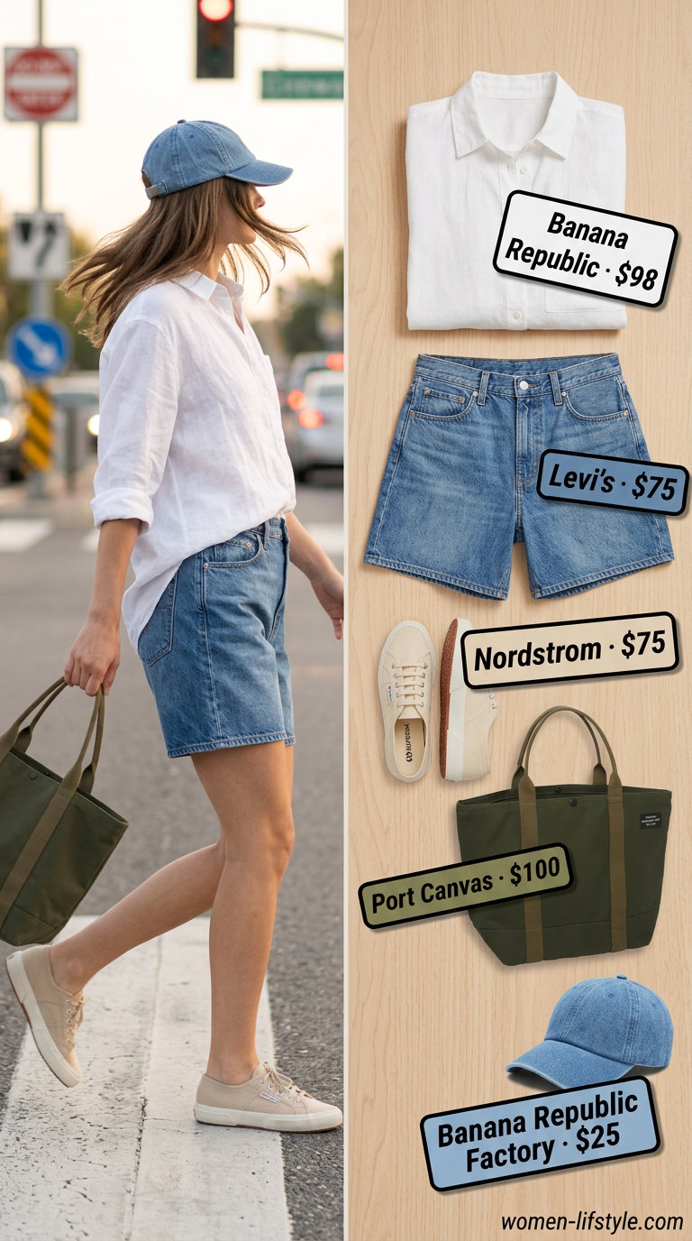 Loose fit modest summer outfits for women 2026: Denim shorts, oversized linen shirt, canvas sneakers, and tote for weekend errands.