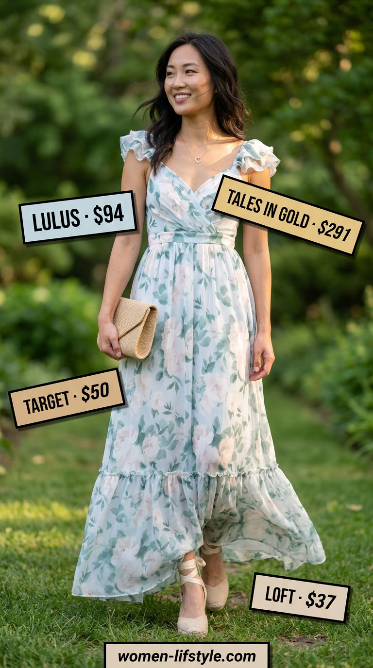 Loose fit modest summer outfits for women 2026: Pastel blue floral maxi dress, espadrilles, and straw clutch for a garden party.