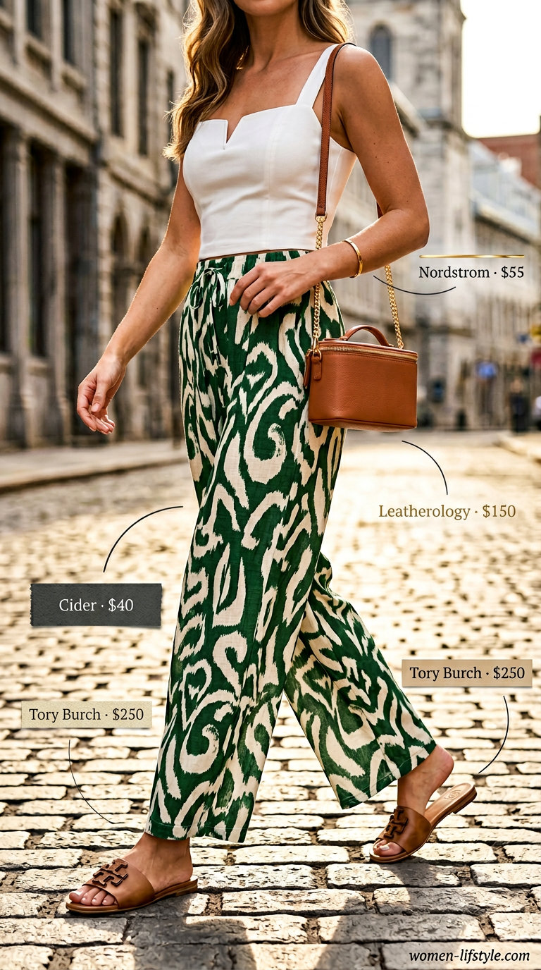 Loose fit modest summer outfits for women 2026: Ivory linen shorts set with tan sandals and gold jewelry for brunch.