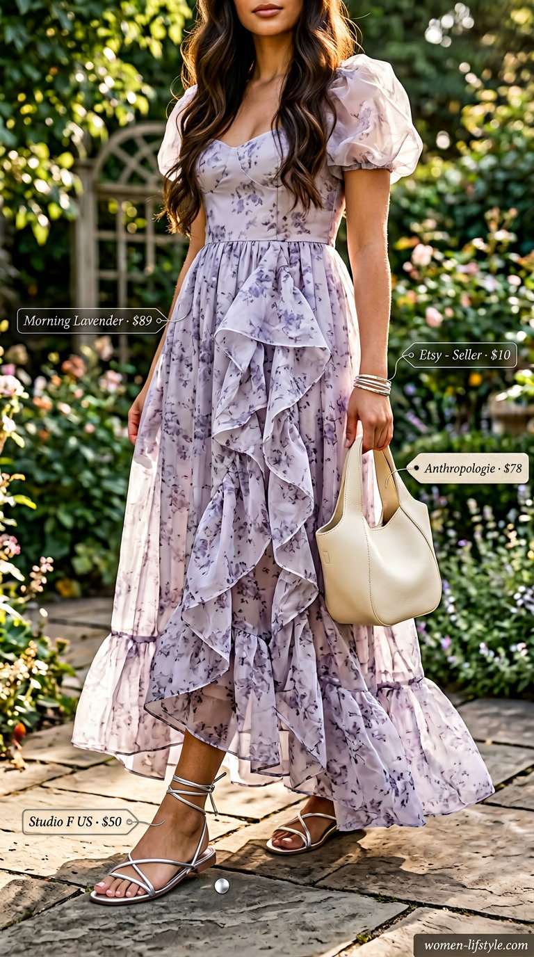 Loose fit modest summer outfits for women 2026: Lavender floral maxi dress, silver sandals, and slouchy shoulder bag for a serene look.