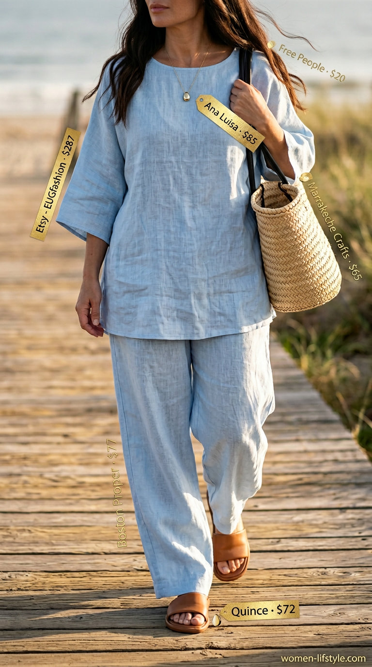 Loose fit modest summer outfits for women 2026: Light blue linen tunic and pants set with straw tote and gold necklace.