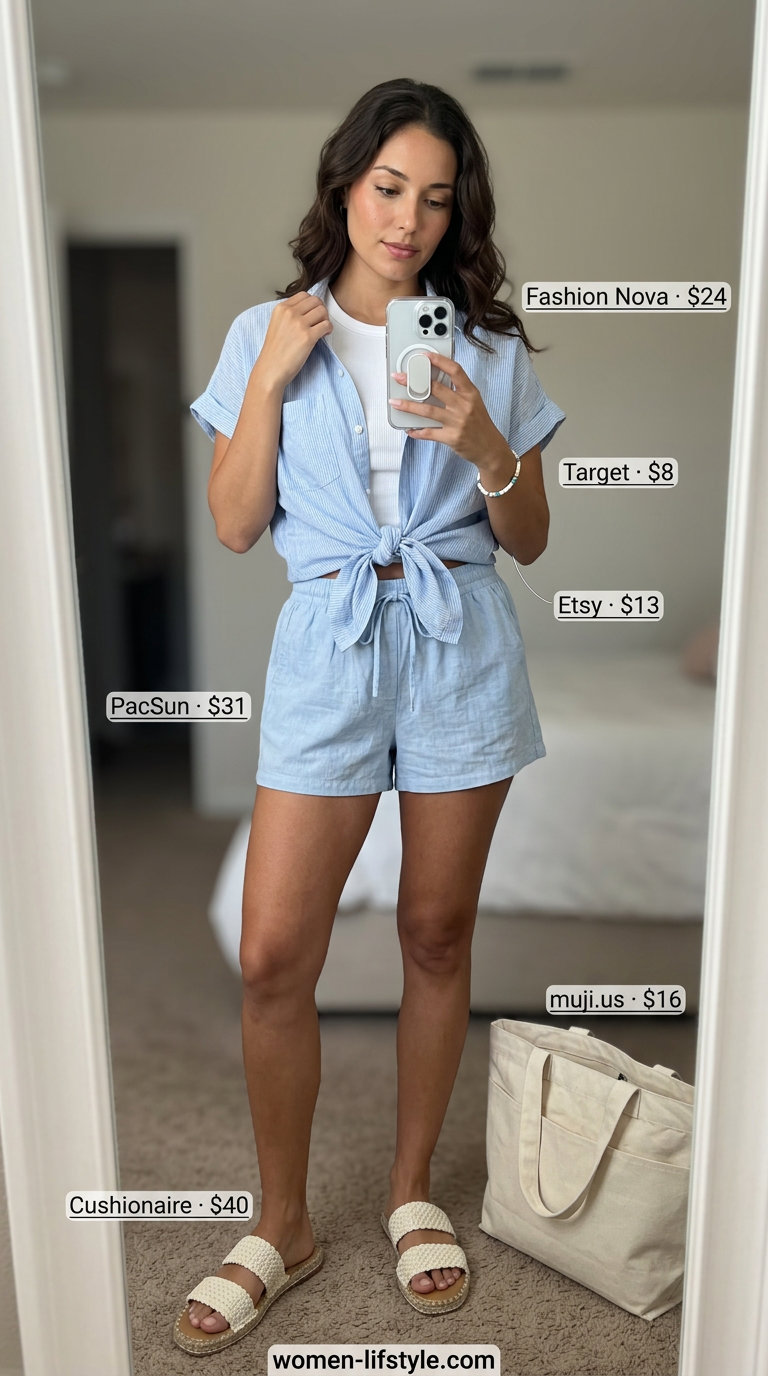 Loose fit modest summer outfits for women 2026: Light blue linen shorts, white tank, and woven slides for a beach day.