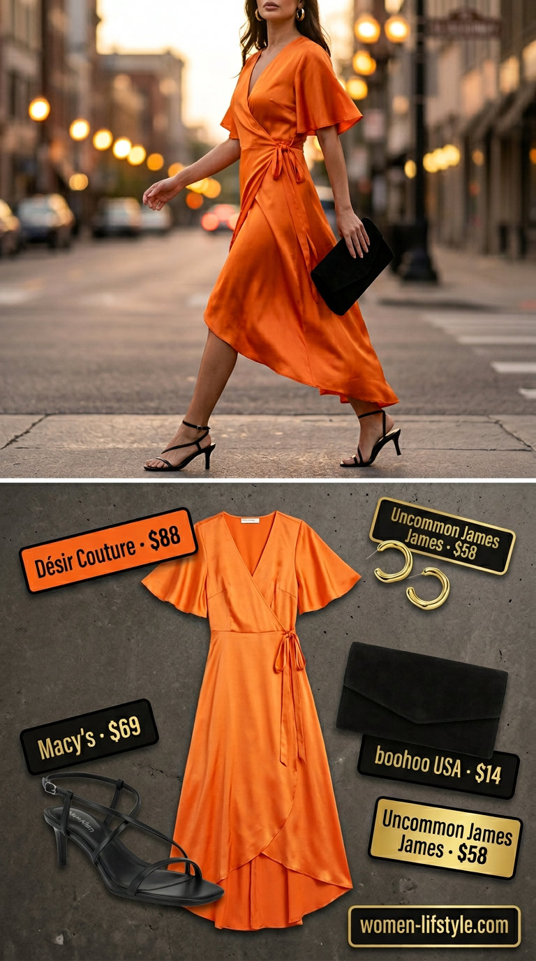 Loose fit modest summer outfits for women 2026: Mango orange midi wrap dress, black heels, and clutch for a sophisticated evening.