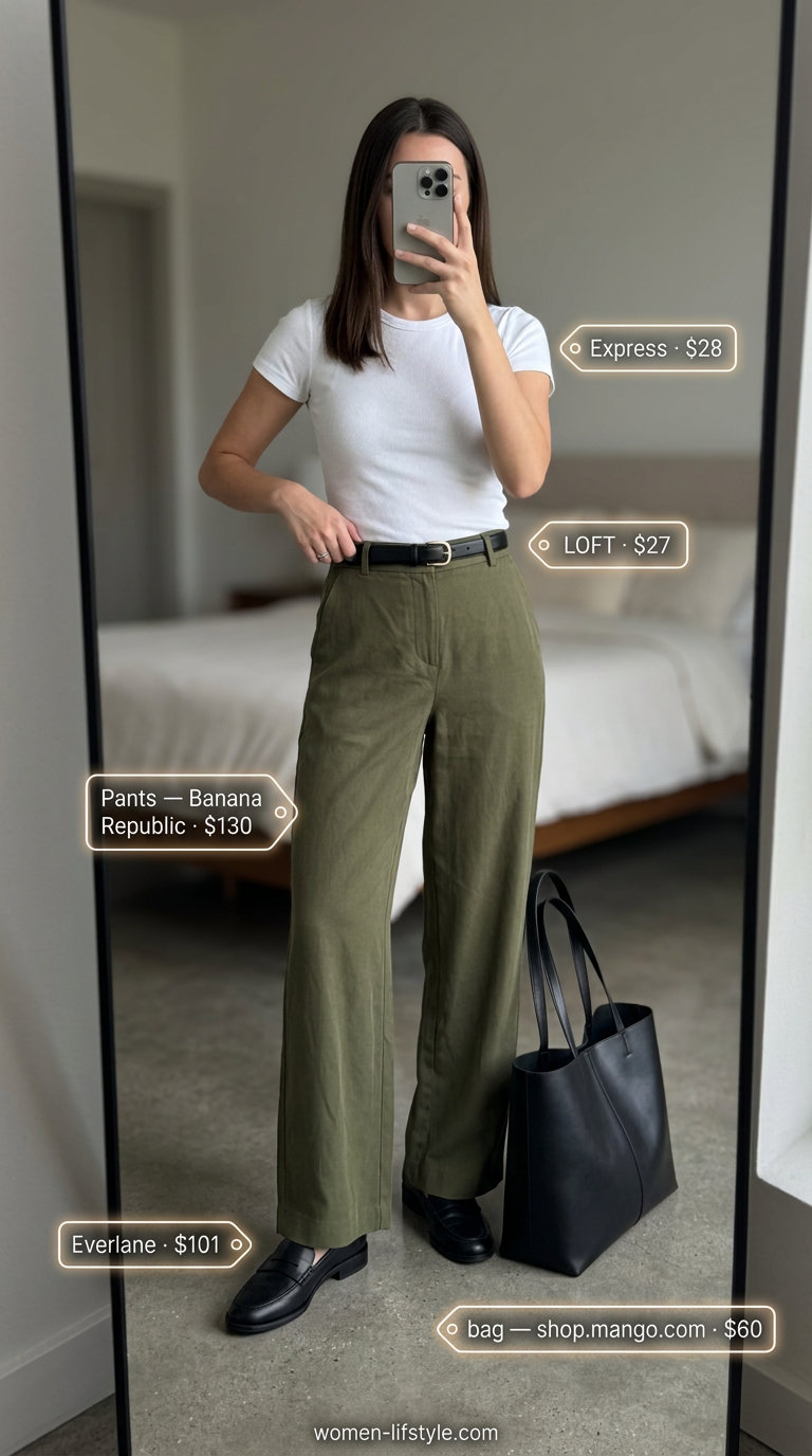 Loose fit modest summer outfits for women 2026: Olive green wide-leg trousers, white tee, black loafers, and tote bag for brunch.