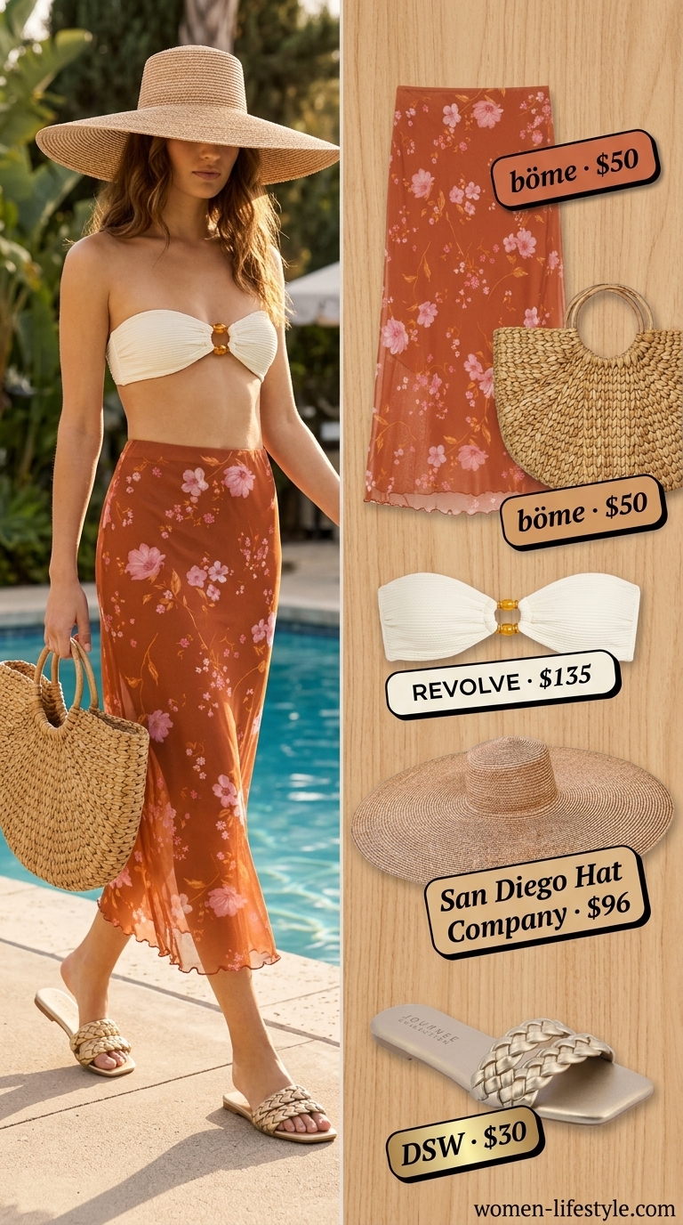 Mesh summer pool party outfits for women 2026: Terracotta sheer mesh midi skirt, bandeau bikini top, and straw hat.