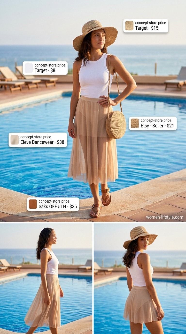 Mesh summer pool party outfits for women 2026: Beige mesh skirt overlay with white tank, brown slides, and straw bag.