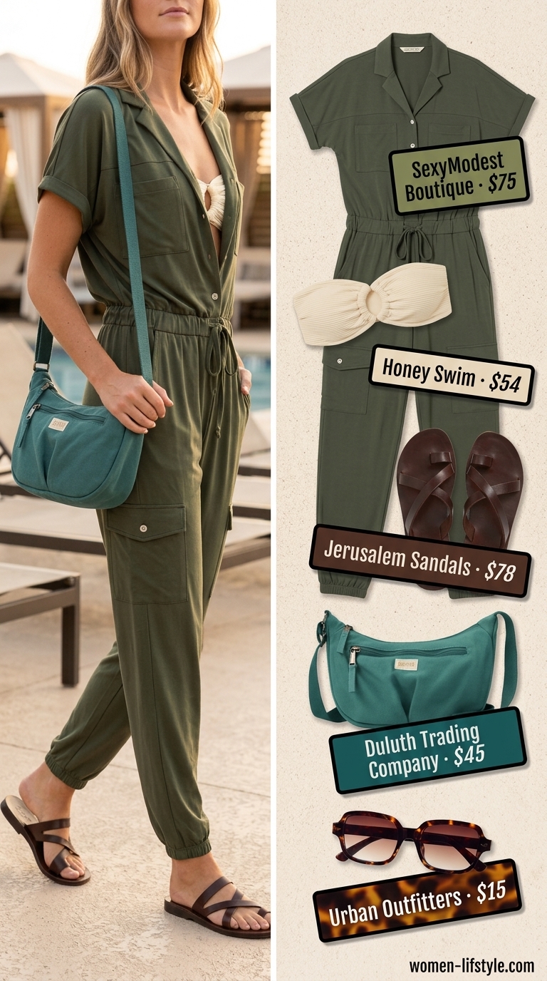 Mesh summer pool party outfits for women 2026: Khaki utility jumpsuit with sand bikini, brown slides, and canvas bag.