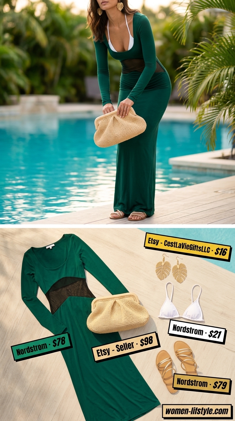 Mesh summer pool party outfits for women 2026: Emerald green mesh maxi cover-up dress, white bikini, and raffia clutch.