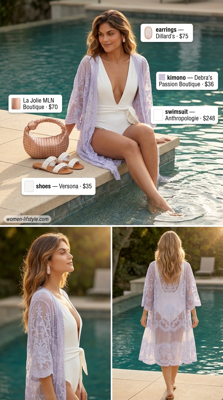 Mesh summer pool party outfits for women 2026: Lavender embroidered mesh kimono over white swimsuit, rose gold bag.