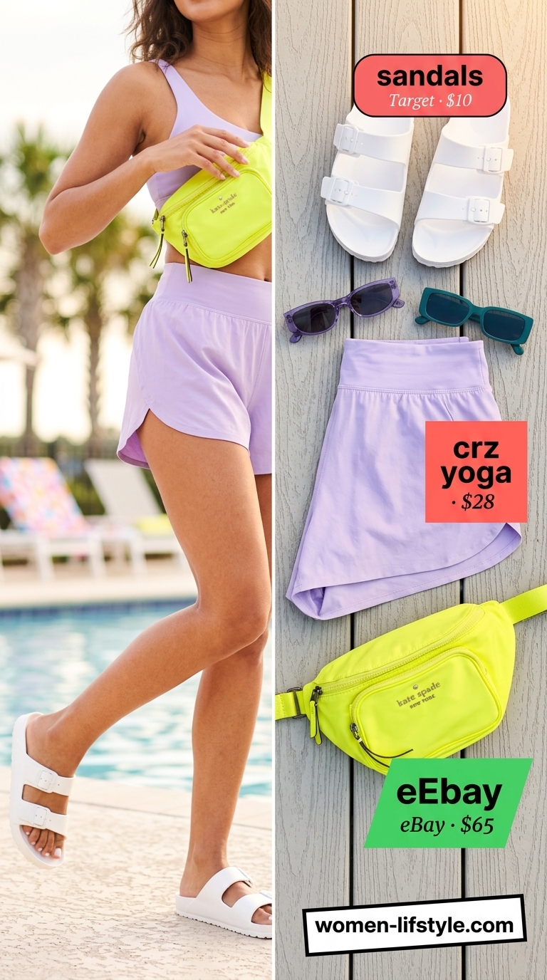 Mesh summer pool party outfits for women 2026: Lavender mesh shorts with white tank, white slides, and neon yellow bag.