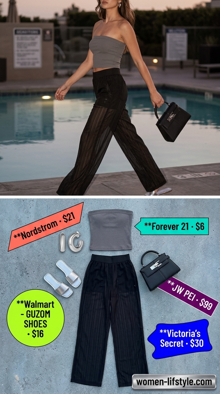Mesh summer pool party outfits for women 2026: Black sheer mesh wide-leg pants, bandeau top, and silver slides.