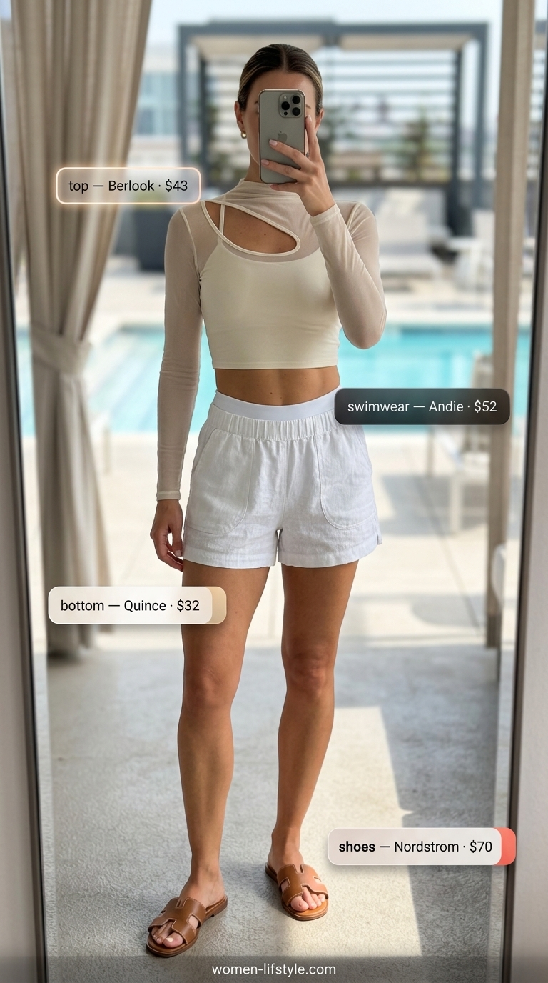Mesh summer pool party outfits for women 2026: White mesh crop top, bikini bottoms, linen shorts, and flat sandals.