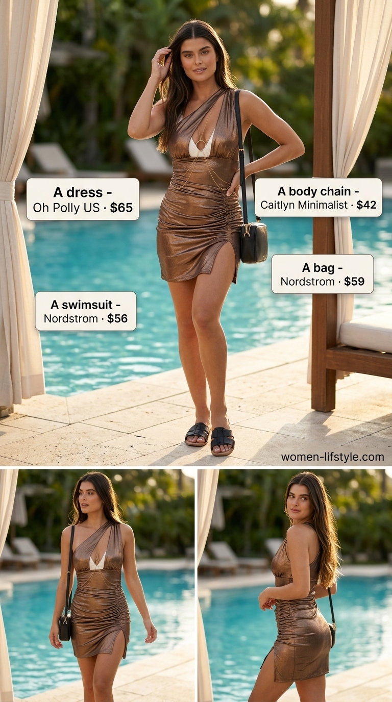 Mesh summer pool party outfits for women 2026: Bronze metallic mesh mini dress with cream swimsuit, black sandals.