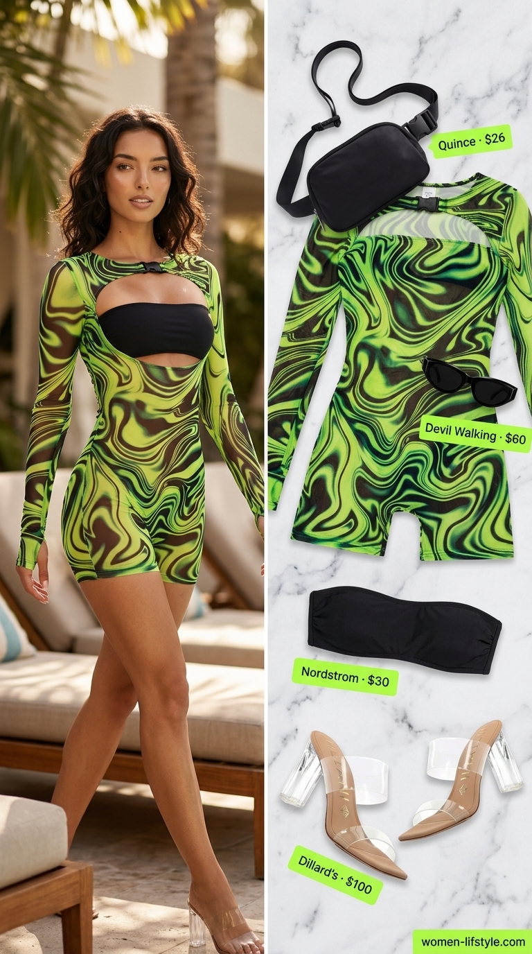 Mesh summer pool party outfits for women 2026: Neon green mesh romper with black bikini, black belt bag, and clear slides.