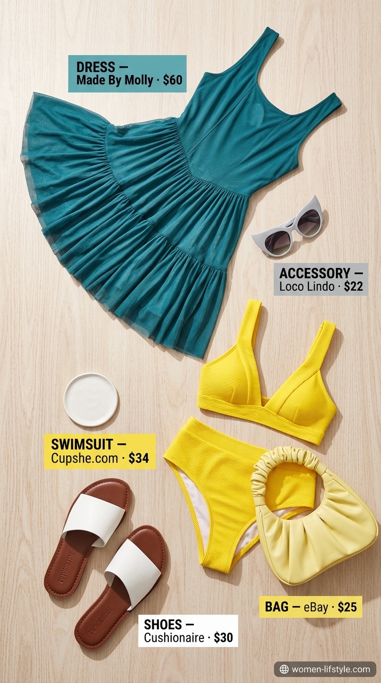 Mesh summer pool party outfits for women 2026: Teal mesh shirt dress over yellow bikini, white sunglasses, and slides.
