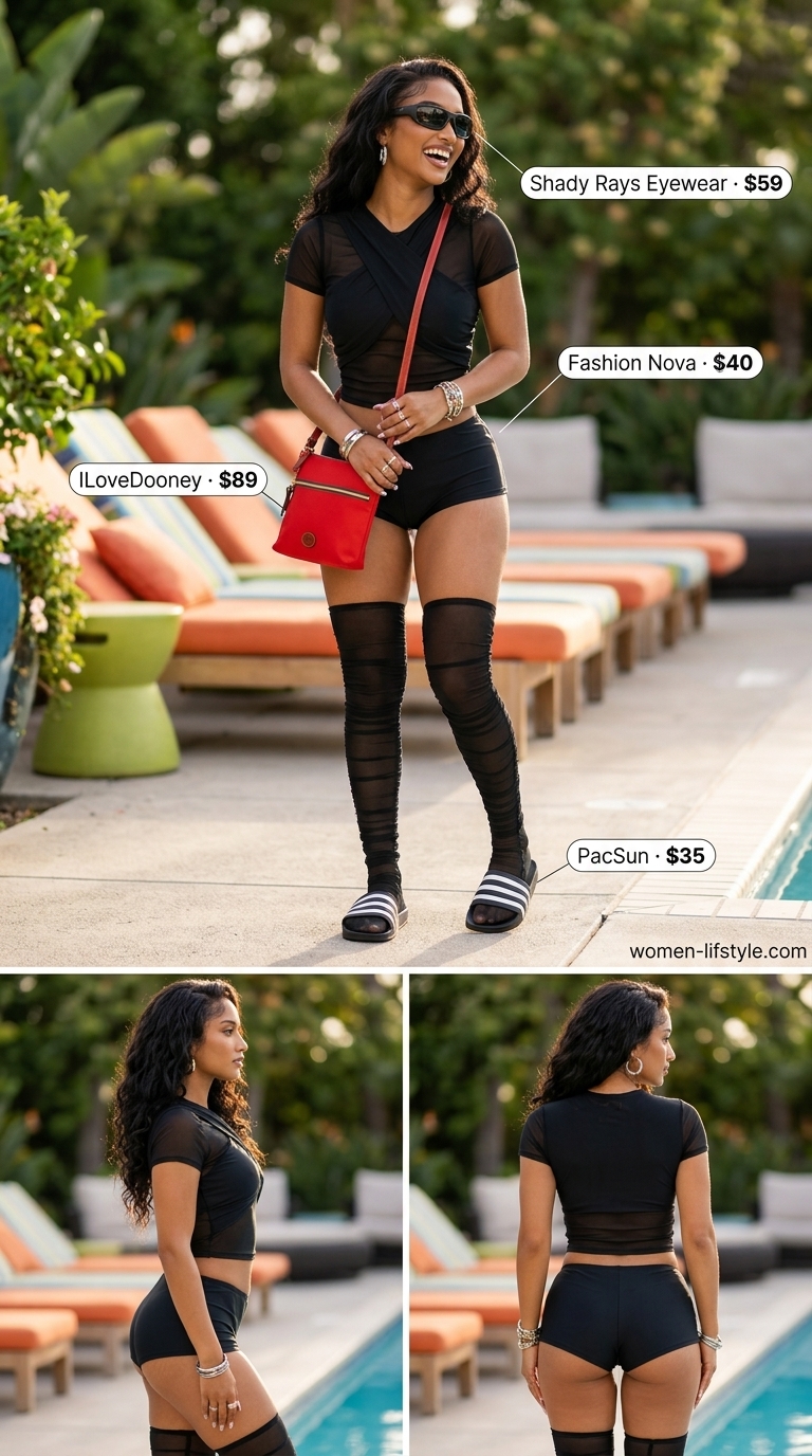 Mesh summer pool party outfits for women 2026: Black mesh knit set with white bikini top, black slides, and red bag.