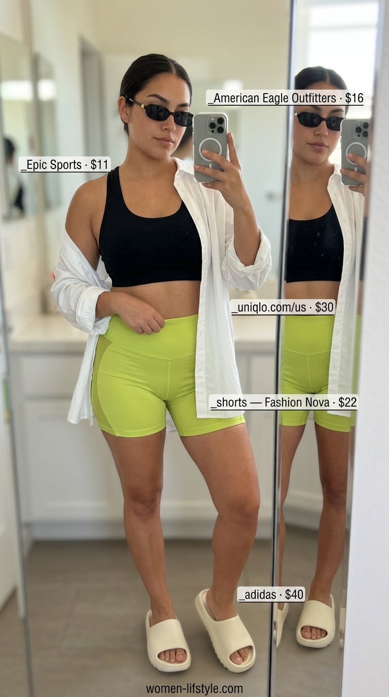Mesh summer pool party outfits for women 2026: Lime green mesh biker shorts, black sports bra, and oversized white shirt.