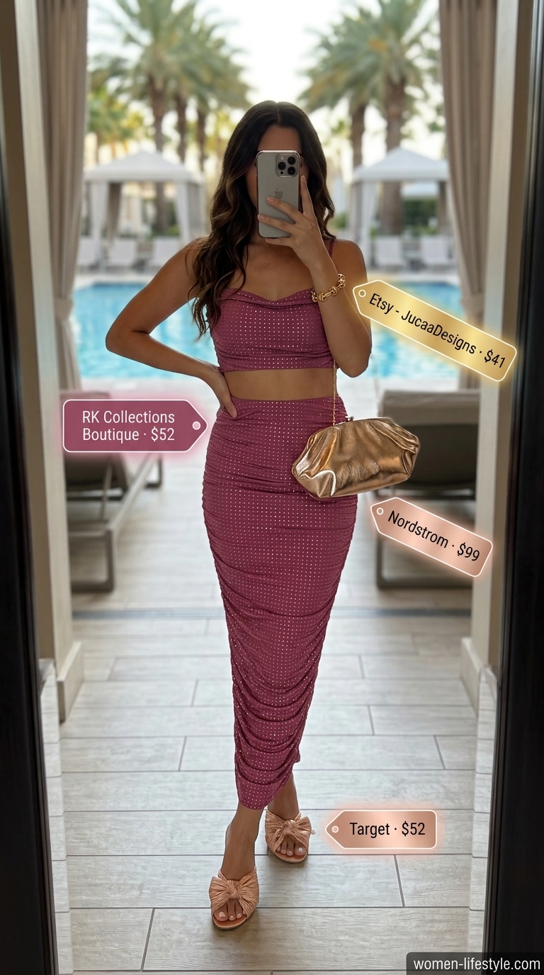 Mesh summer pool party outfits for women 2026: Fuchsia metallic mesh set, gold clutch, and block heel sandals.