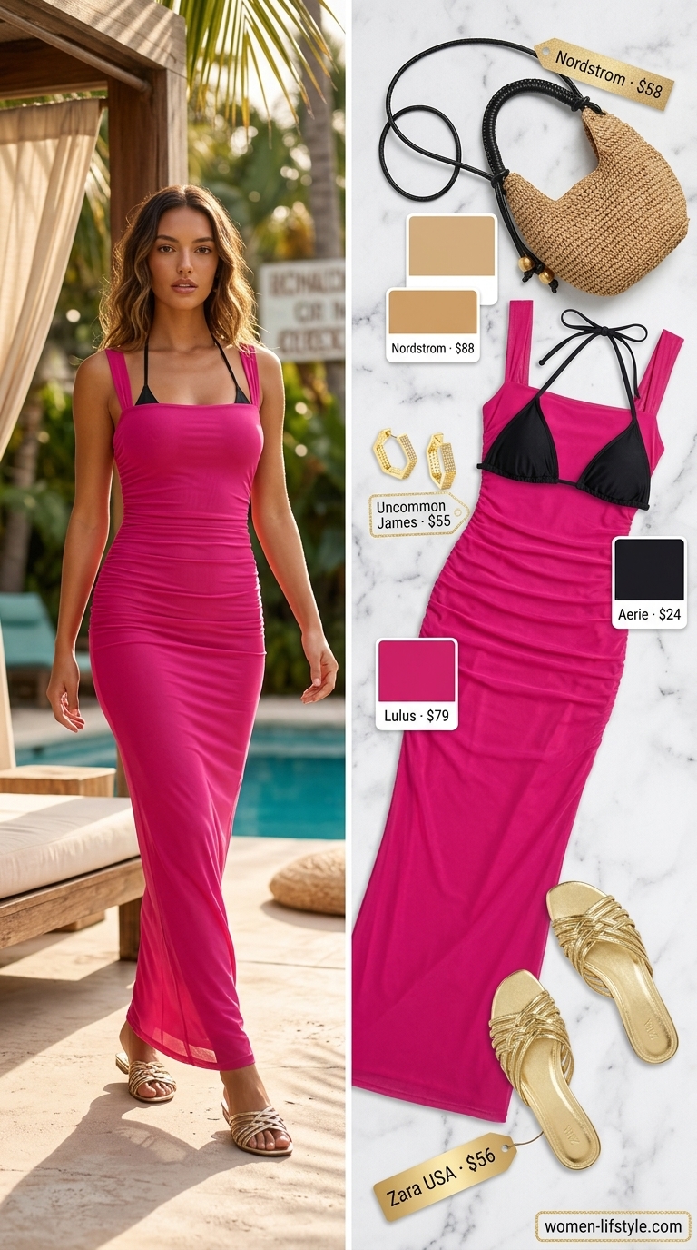 Fuchsia mesh maxi cover-up dress for mesh summer pool party outfits for women 2026. Paired with black bikini, gold hoops, and straw bag.