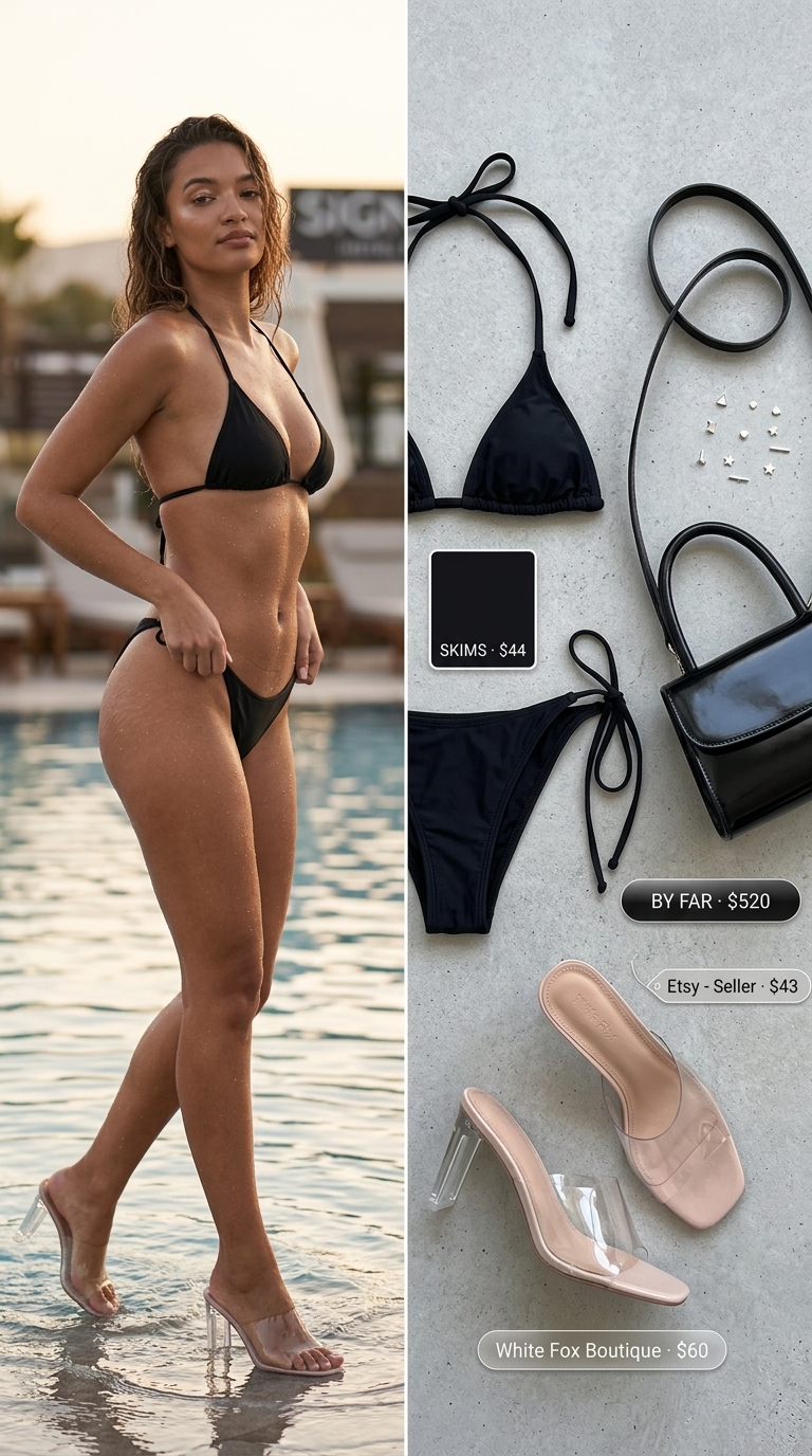 Neon yellow mesh halter midi dress for mesh summer pool party outfits for women 2026. Features black bikini top, clear mules, silver studs.