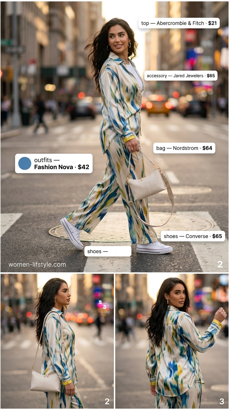 Miami South Beach summer outfits for women 2026: Abstract print set, white sneakers, crossbody bag, gold hoops.