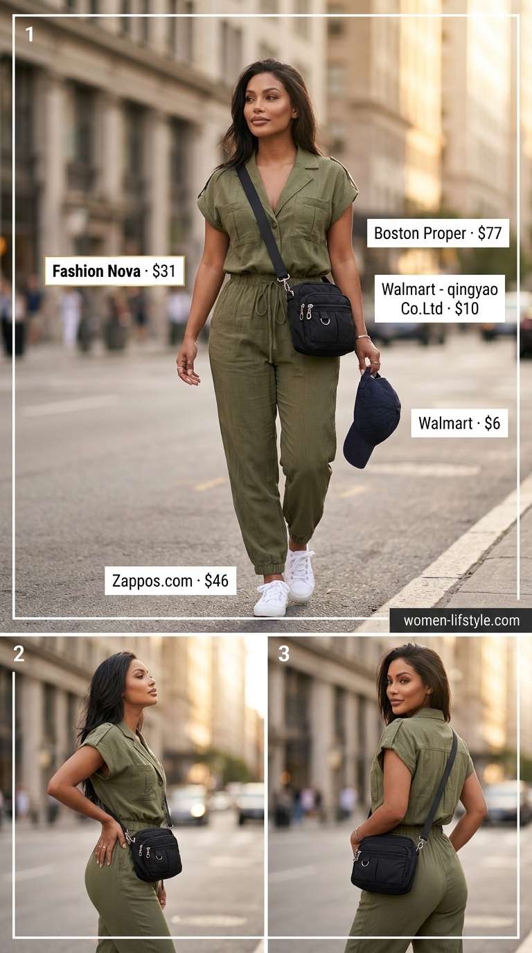 Miami South Beach summer outfits for women 2026: Utilitarian olive green jumpsuit, white sneakers, black cap for city exploration.