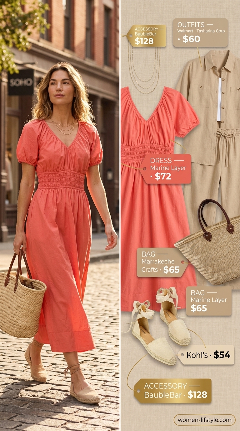 Miami South Beach summer outfits for women 2026: Coral linen midi dress, jute flats, gold necklaces, straw tote.