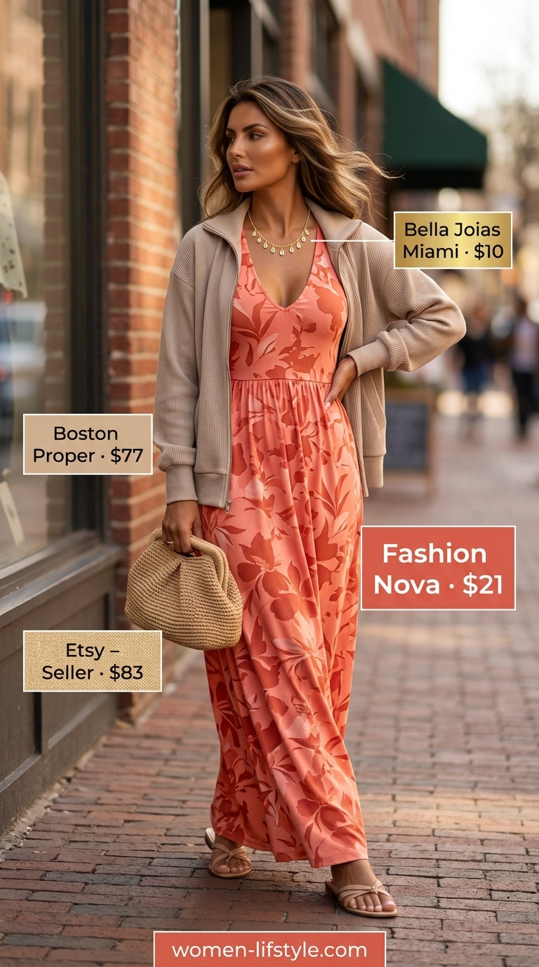 Miami South Beach summer outfits for women 2026: Coral maxi dress, beige sandals, gold necklaces, and raffia clutch for beachside dinners.