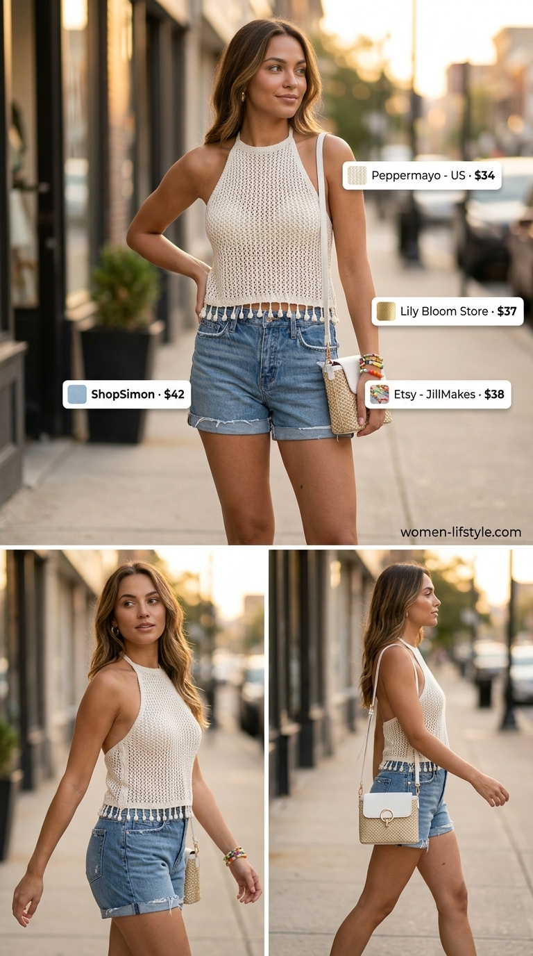 Miami South Beach summer outfits for women 2026: Denim shorts, crochet halter top, leather slides, straw bag.