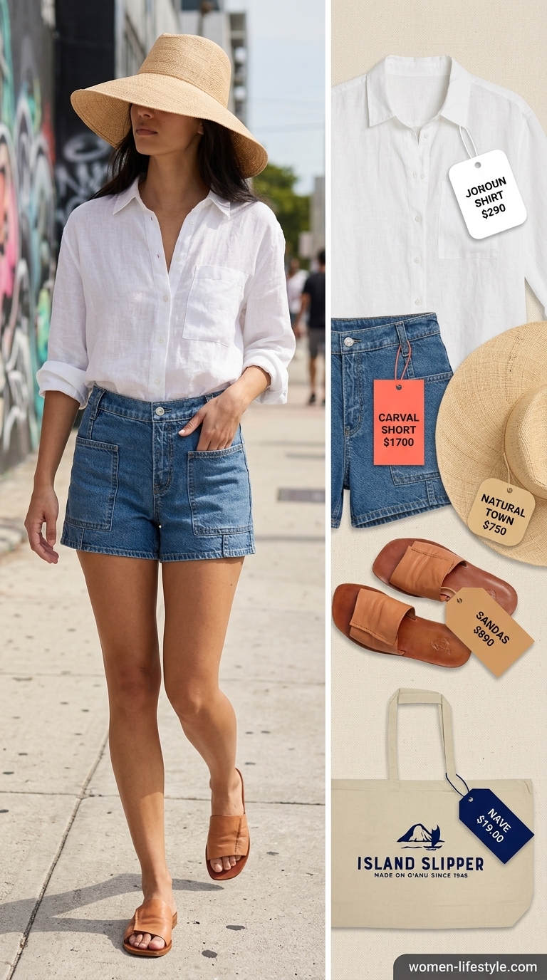 Miami South Beach summer outfits for women 2026: Denim shorts, linen shirt, straw hat, and canvas tote for a relaxed poolside look.