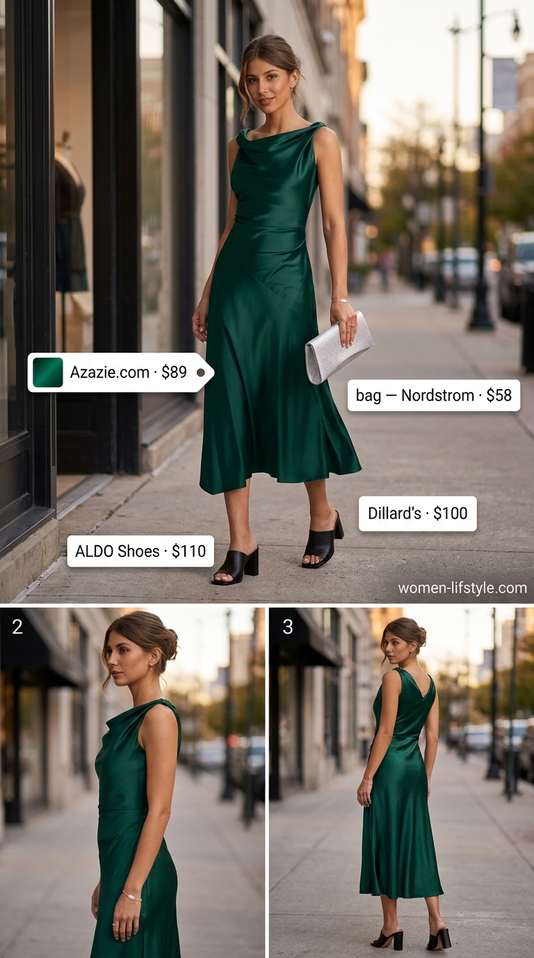 Miami South Beach summer outfits for women 2026: Emerald green slip dress, black mules, silver bracelet, and clutch for a glamorous night out.