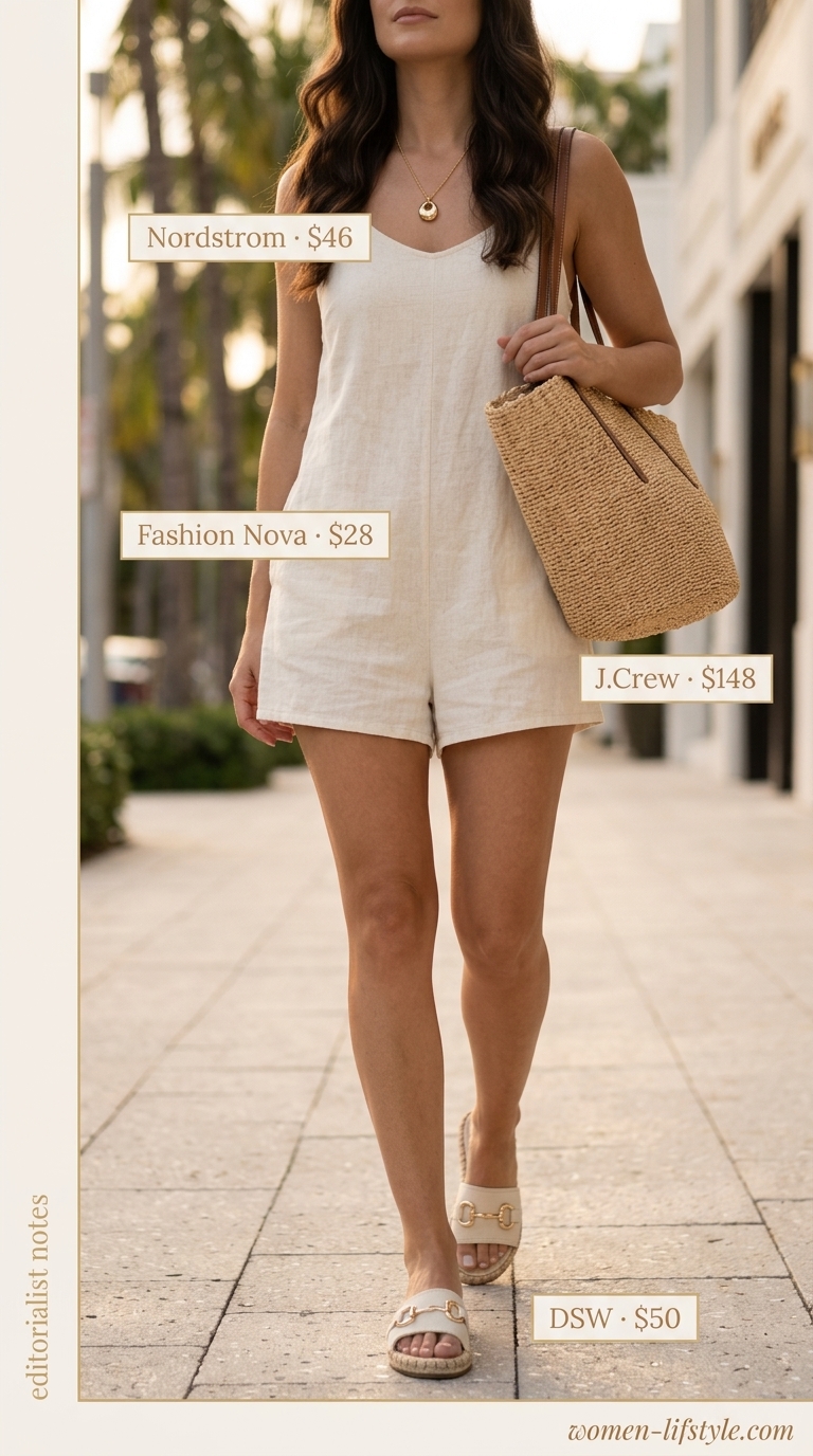 Miami South Beach summer outfit for women 2026: Natural linen romper, white espadrilles, gold necklace, straw tote.