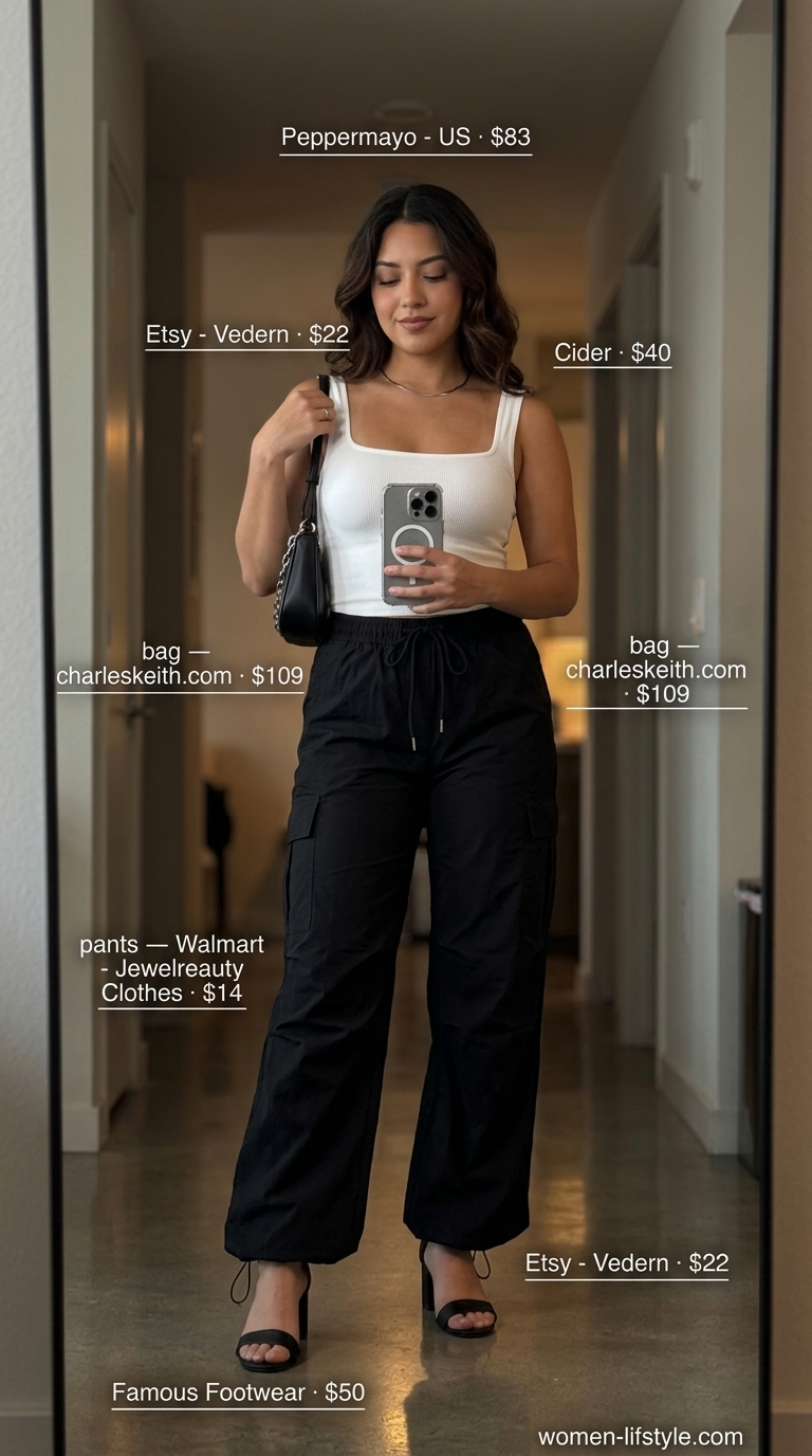 Miami South Beach summer outfits for women 2026: Edgy white cargo pants, black corset top, silver heels for a night out.