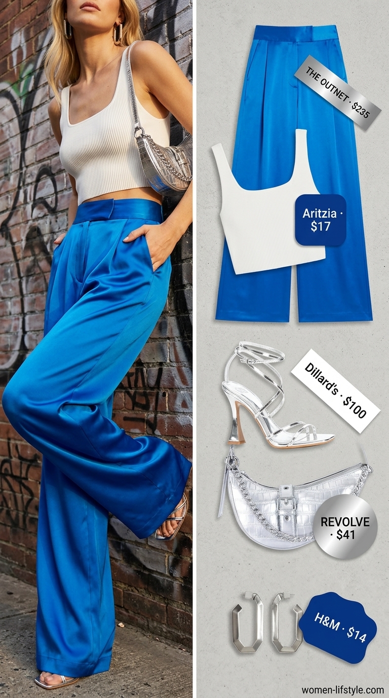 Miami South Beach summer outfits for women 2026: Sophisticated cobalt blue wide-leg pants, white knit top, silver heels for evening.
