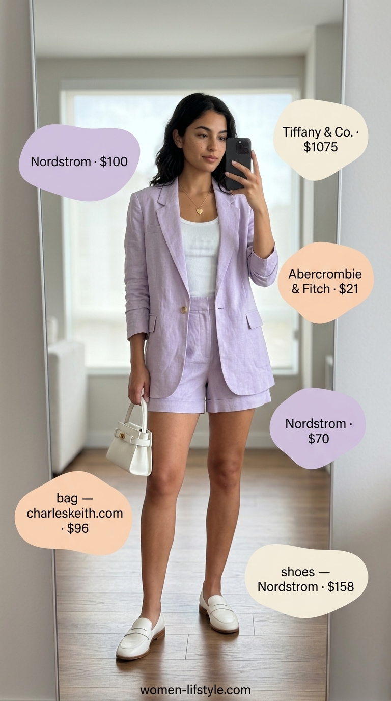 Miami South Beach summer outfits for women 2026: Chic lavender linen suit, white tank, gold necklace for daytime events.