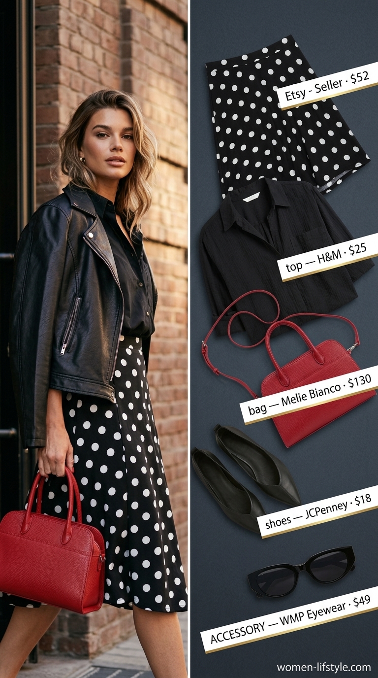 Miami South Beach summer outfits for women 2026: Polka dot skirt, white shirt, red bag, cat-eye sunglasses.